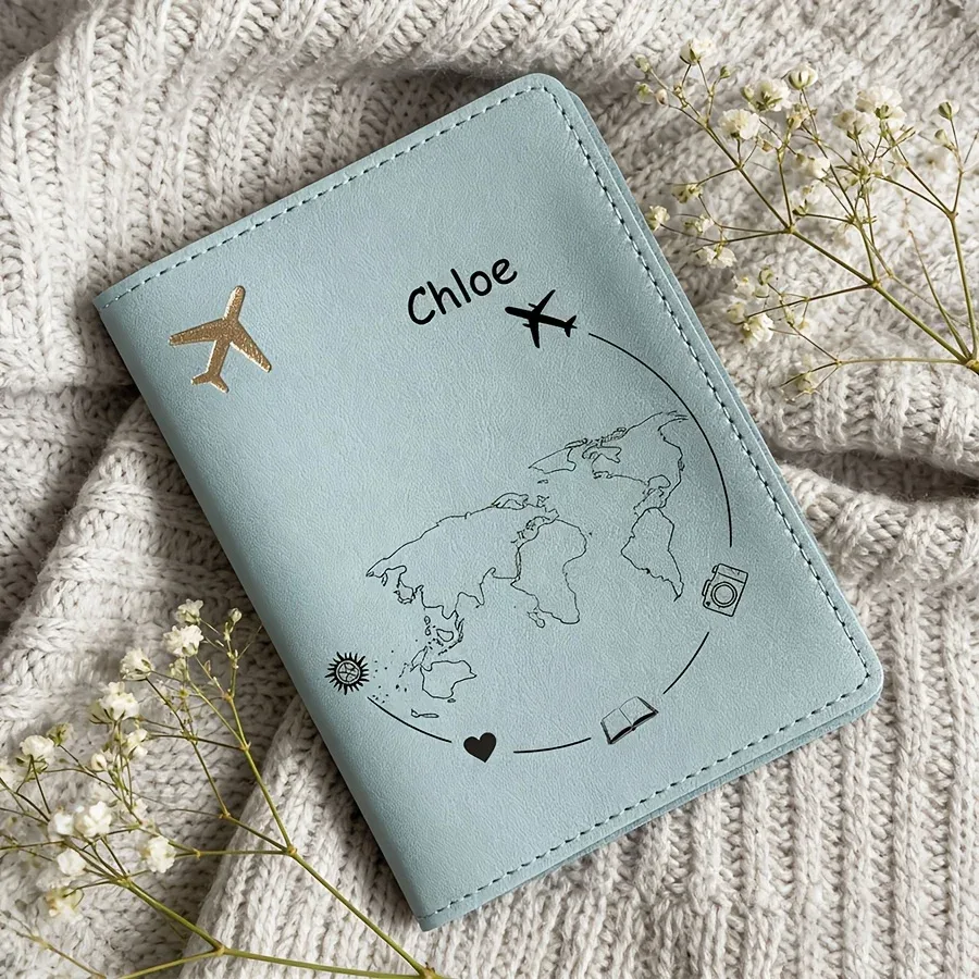 porte-passeport de voyage personnalisé avec texte - cuir synthétique léger, fermeture à bouton-pression, intérieur non doublé