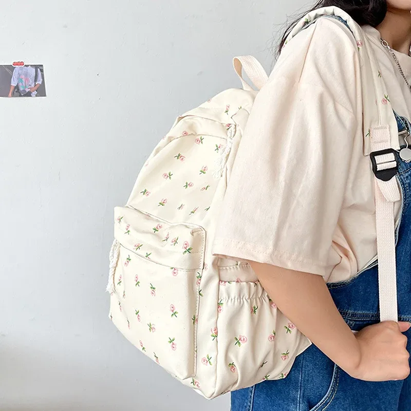 sac à dos d'école floral blanc pour adolescentes, sac à dos en nylon pour livre, sac à dos étudiant mignon pour femme