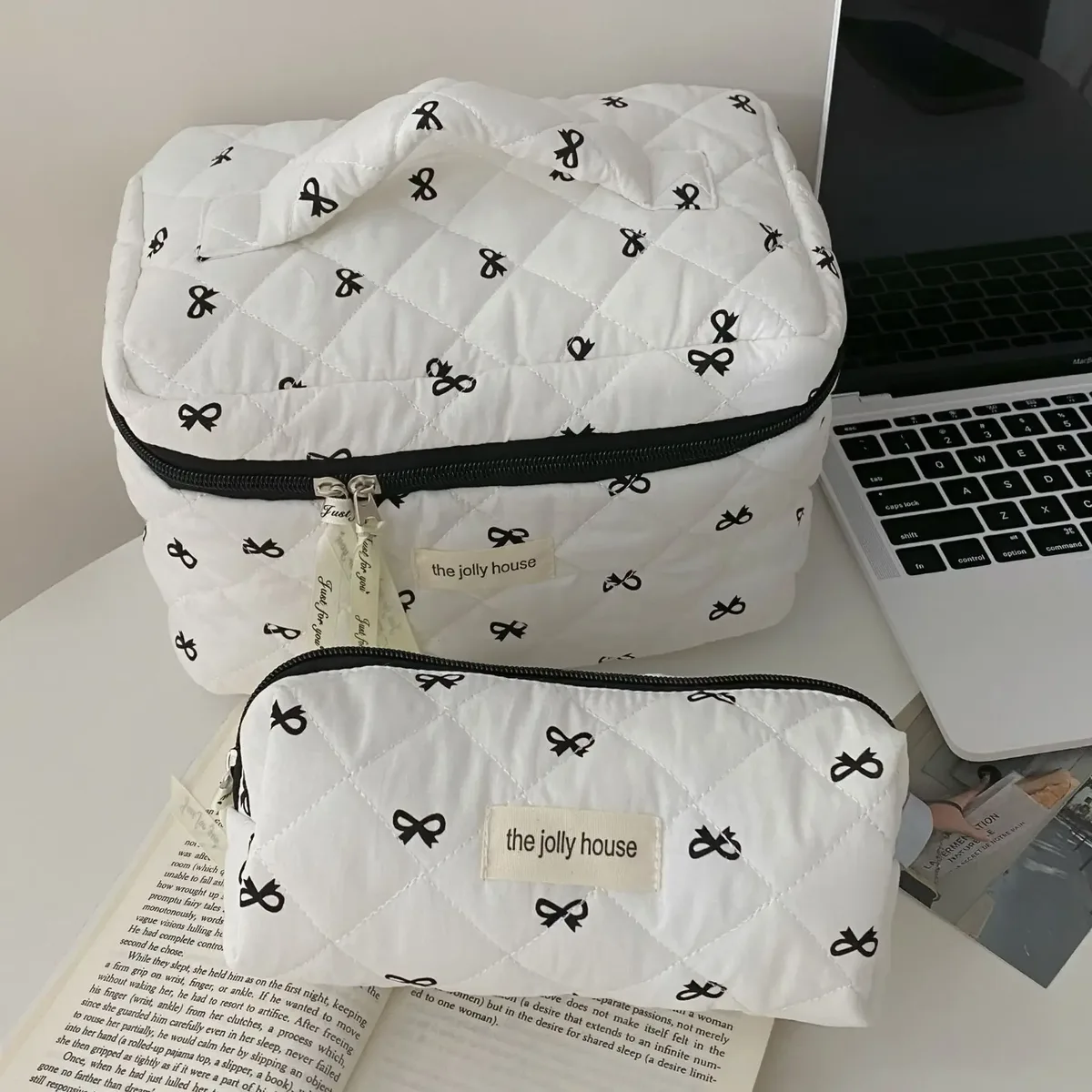 mode cerise fourre-tout femmes sac de maquillage portable mignon dames cosmétique toilette pochette de rangement sac à main coton matelassé sac à fermeture éclair