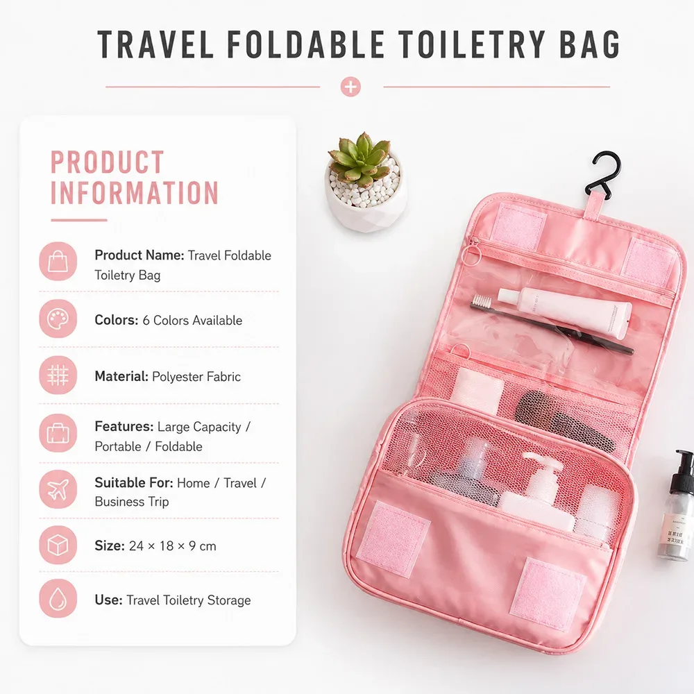 sac de toilette pliable avec crochet de voyage, sac de rangement multifonctionnel imperméable pour cosmétiques, grande capacité, sac de maquillage portable