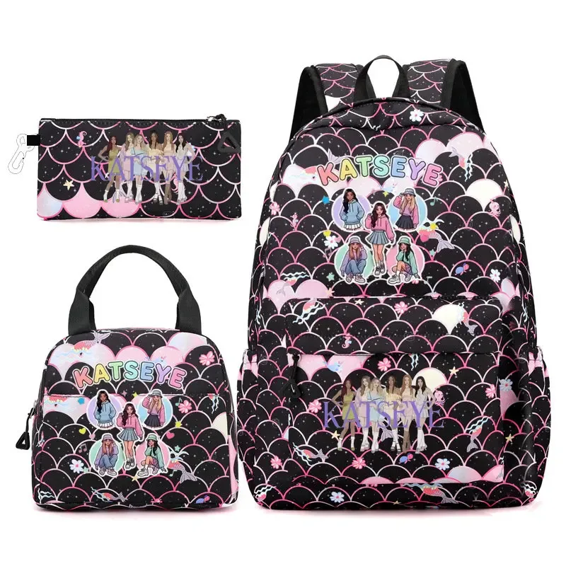 ensemble de sacs à dos katseye 3 pièces, sac à dos grande capacité pour étudiants avec sac à lunch et trousse à crayons, sac à dos décontracté et tendance