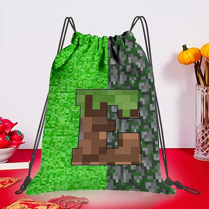 sac à dos à cordon de serrage de grande capacité pour jeux vidéo, avec lettrage pixelisé, unisexe, motif géométrique multicolore, 1 pièce
