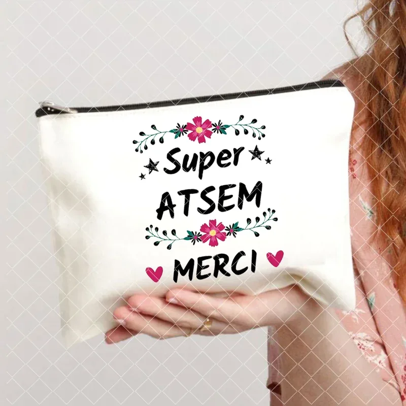 merci atsem – trousse de maquillage imprimée française, grande trousse à crayons, fournitures de papeterie scolaire, sac de rangement, pochette de lavage de voyage, cadeaux pour atsem