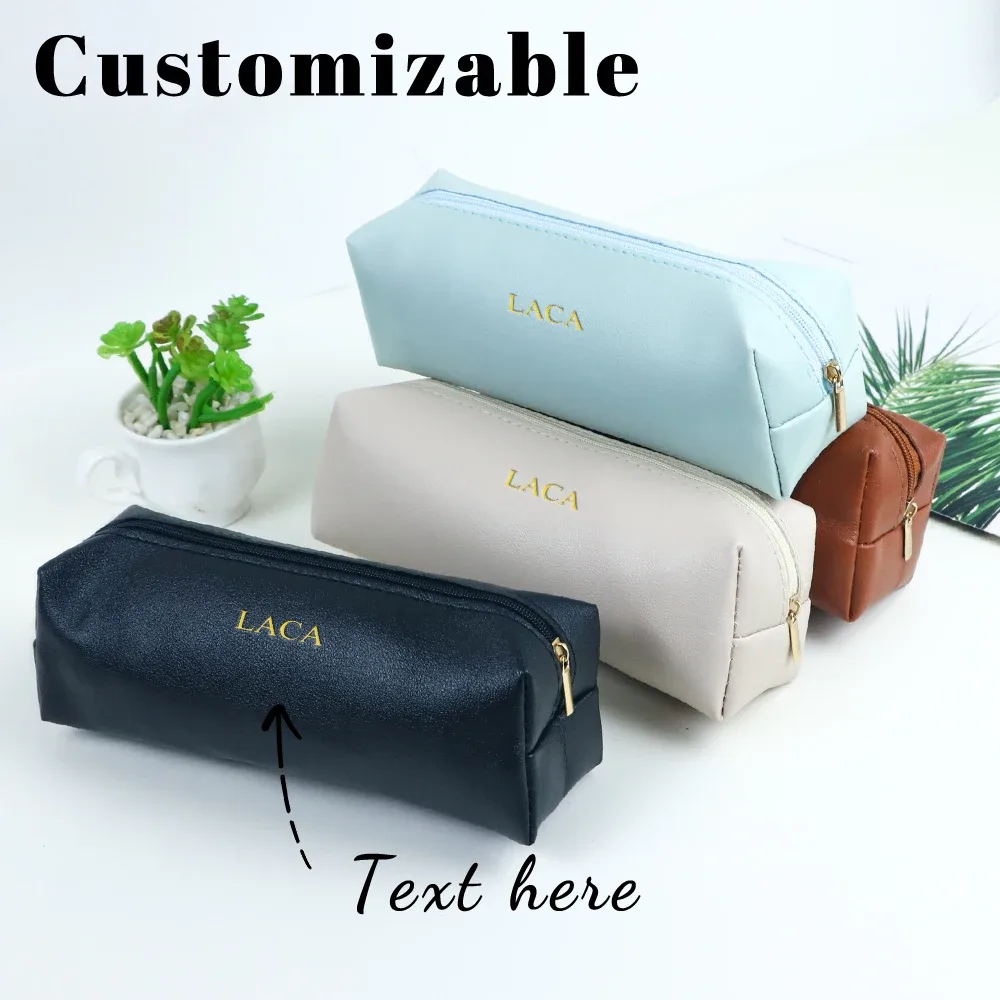 Étui à crayons de bureau en cuir PU personnalisé avec initiales, organisateur de pinceaux de maquillage, sac de rangement pour maquillage