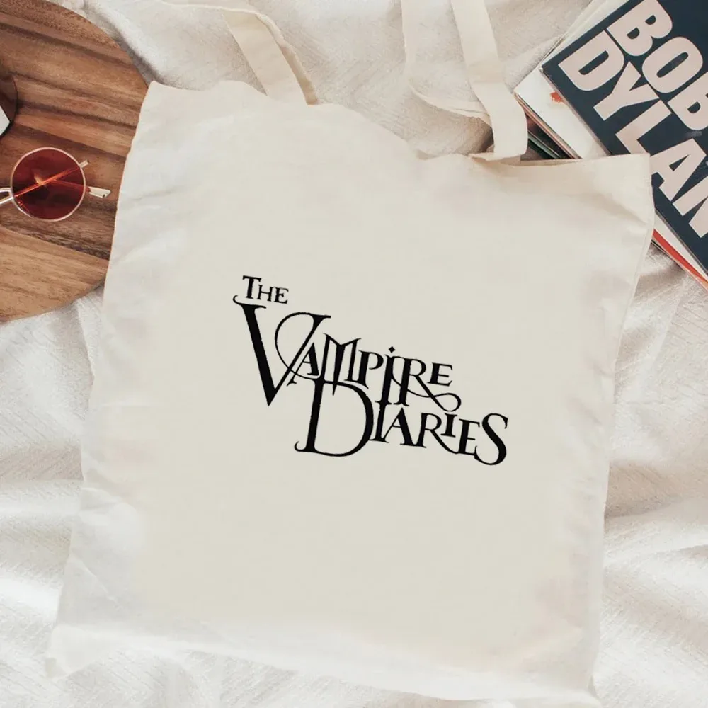 sac fourre-tout en toile the vampire diaries, sac de courses pliable en tissu, sac de supermarché, sacoche en toile à cordon