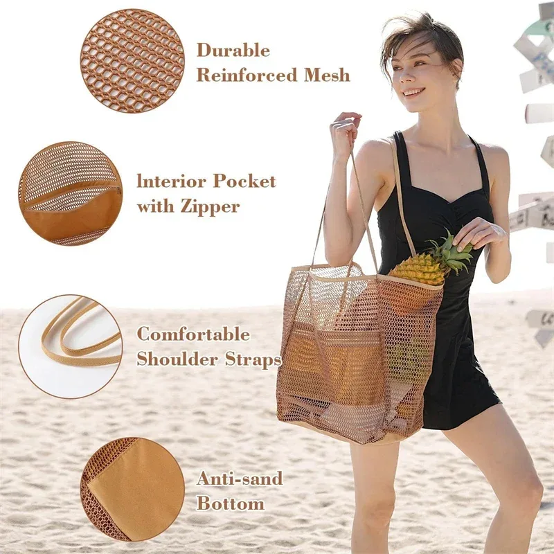 sac de plage grande capacité pour femme, pliable, en maille, sac de natation, sac à bandoulière tissé avec ouverture supérieure pour les voyages et le shopping