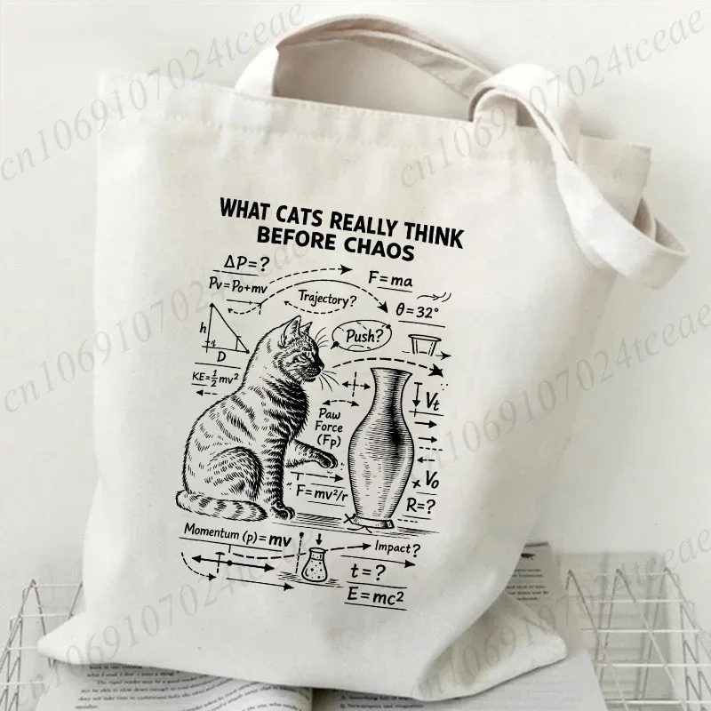 sac fourre-tout en toile imprimé chat physique amusant, sac à main réutilisable chat mathématique humour scientifique, sacs à bandoulière décontractés pour le shopping