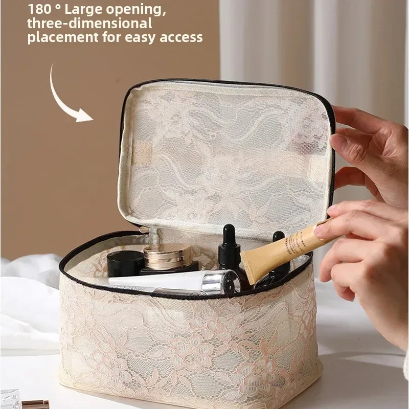 sac de maquillage portable de luxe, sac de rangement de cosmétiques design en dentelle, pochette de toilette de voyage, sac à main en fiber de polyester avec fermeture à glissière