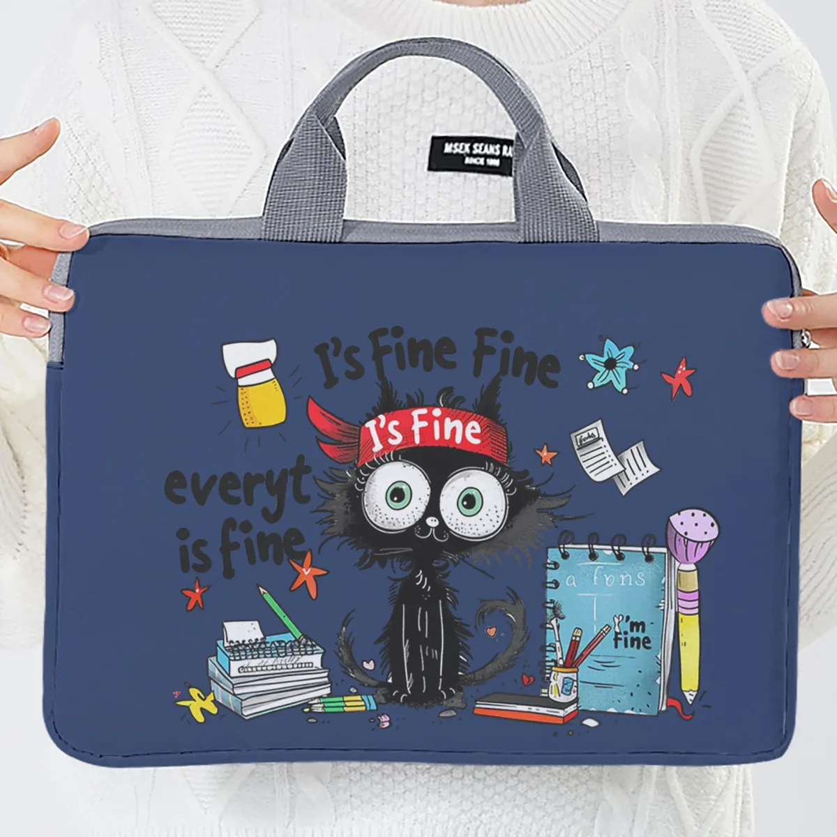 ensemble unique, deux styles, sacoche pour ordinateur portable et porte-documents à motif de chat noir, adapté aux ordinateurs portables de 14 pouces.