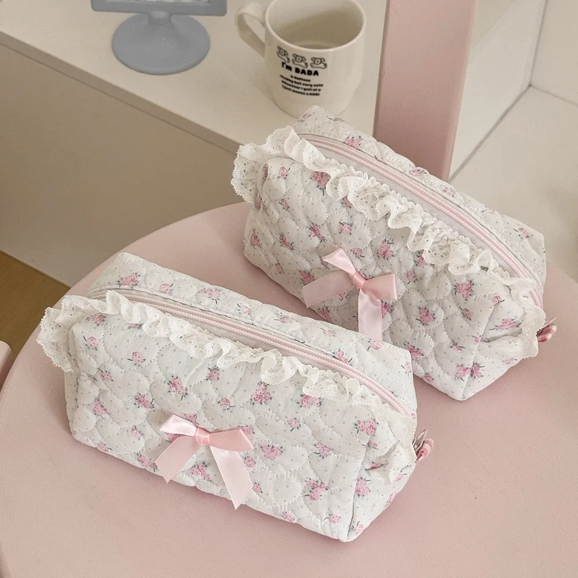 Gros fleur femmes dentelle petit sac de maquillage organisateur de voyage sac à main cosmétique pochette filles mignon arc carré fermeture éclair portefeuille sacs