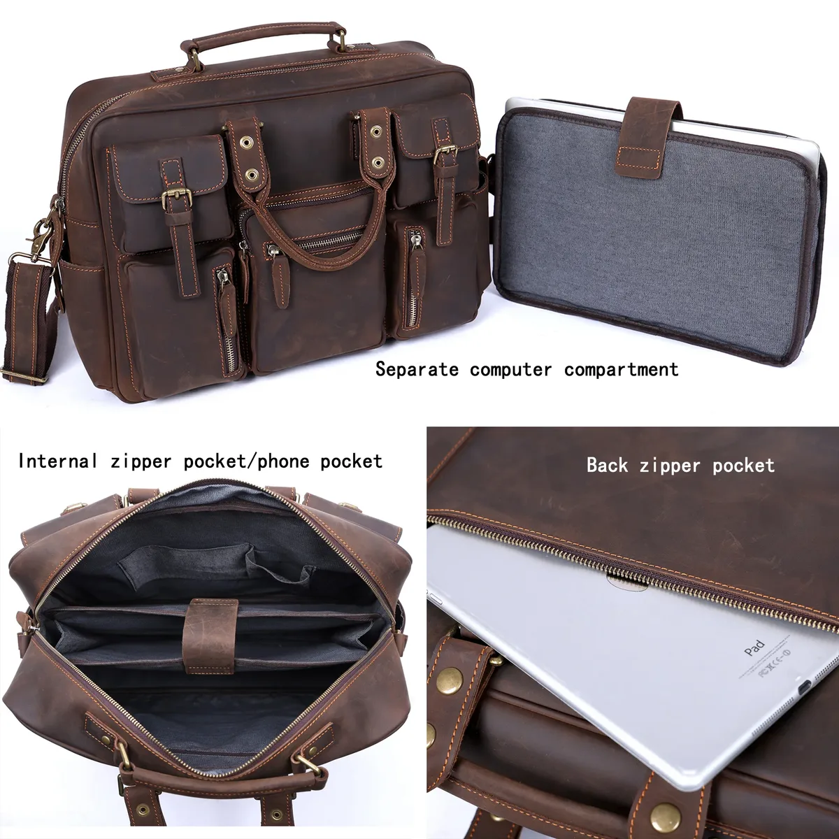 sac à main vintage pour homme en cuir pleine fleur, sac messager pour ordinateur portable 16 pouces, sac de voyage d'affaires en cuir véritable, cuir crazy horse.
