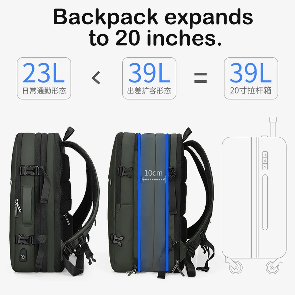 hcankcan-sac à dos extensible pour homme, sac pour ordinateur portable étanche, sac de voyage de randonnée, sac à dos d'affaires, sac à dos décontracté, grande capacité, 15.6 po