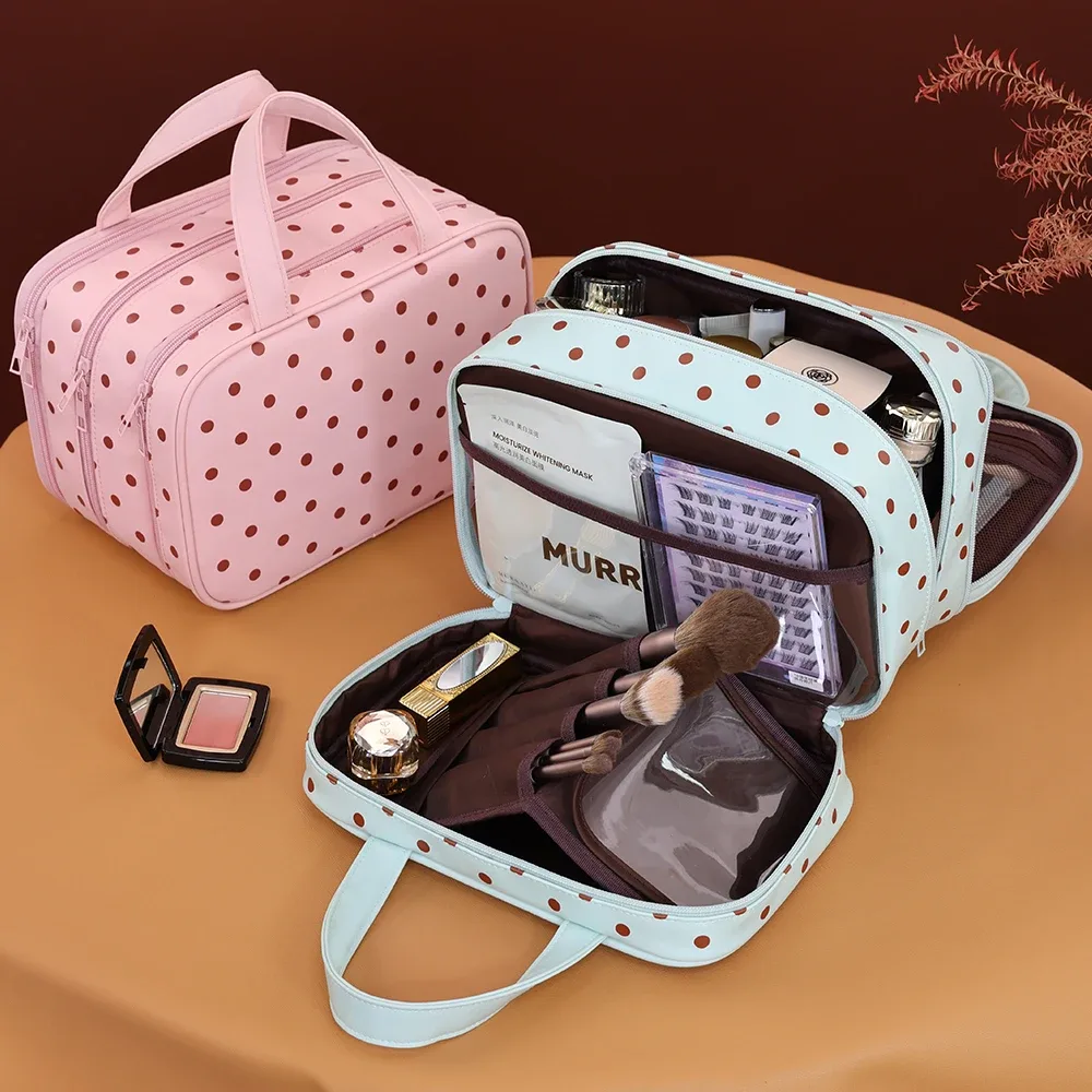 Sac de maquillage portable à pois, sac à cosmétiques multifonctionnel à trois couches en cuir PU, sac de rangement de voyage étanche de grande capacité