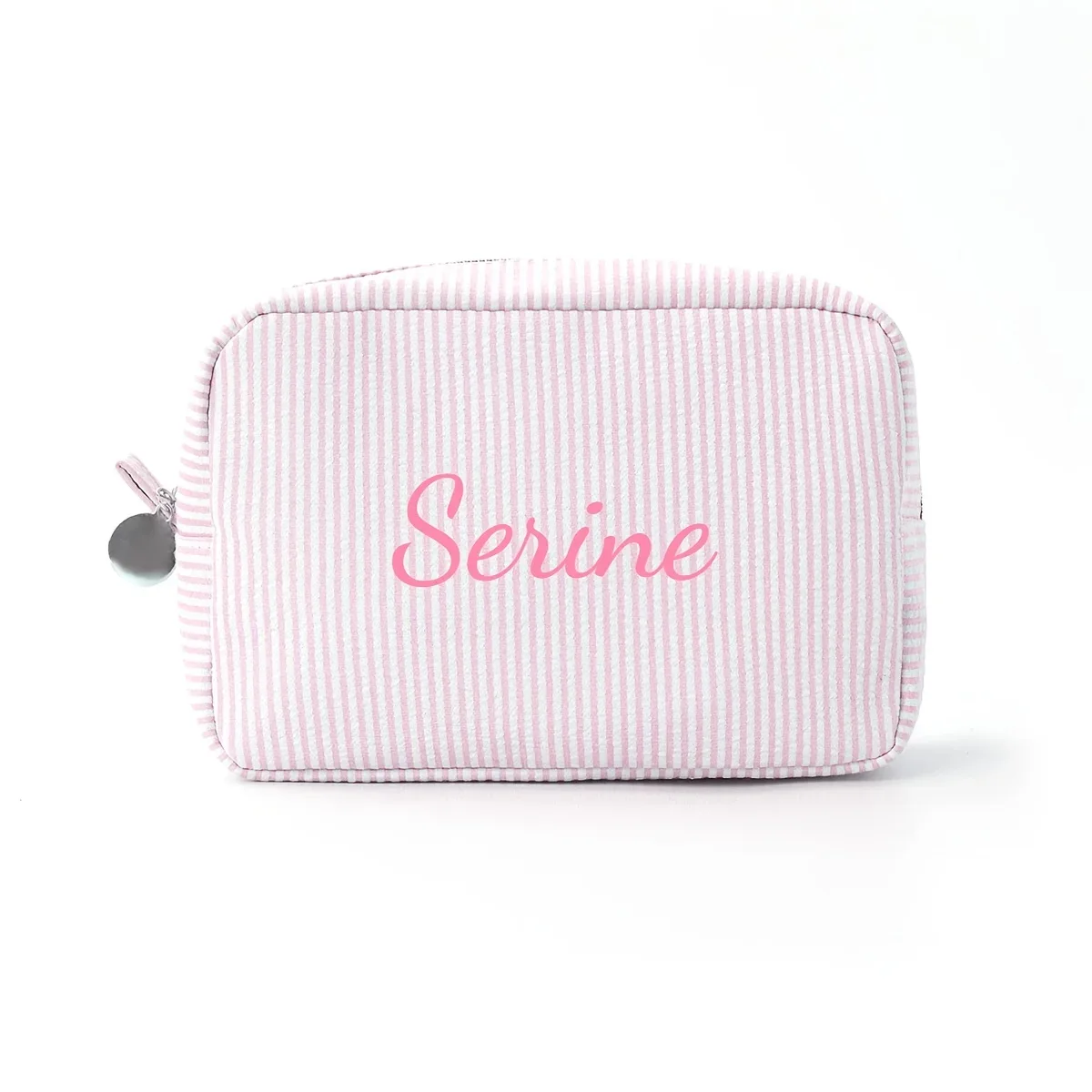 sac de maquillage brodé avec nom personnalisé, pochette à cosmétiques rayée, organisateur de toilette de voyage, trousse à crayons à fermeture éclair de grande capacité, cadeau pour femmes