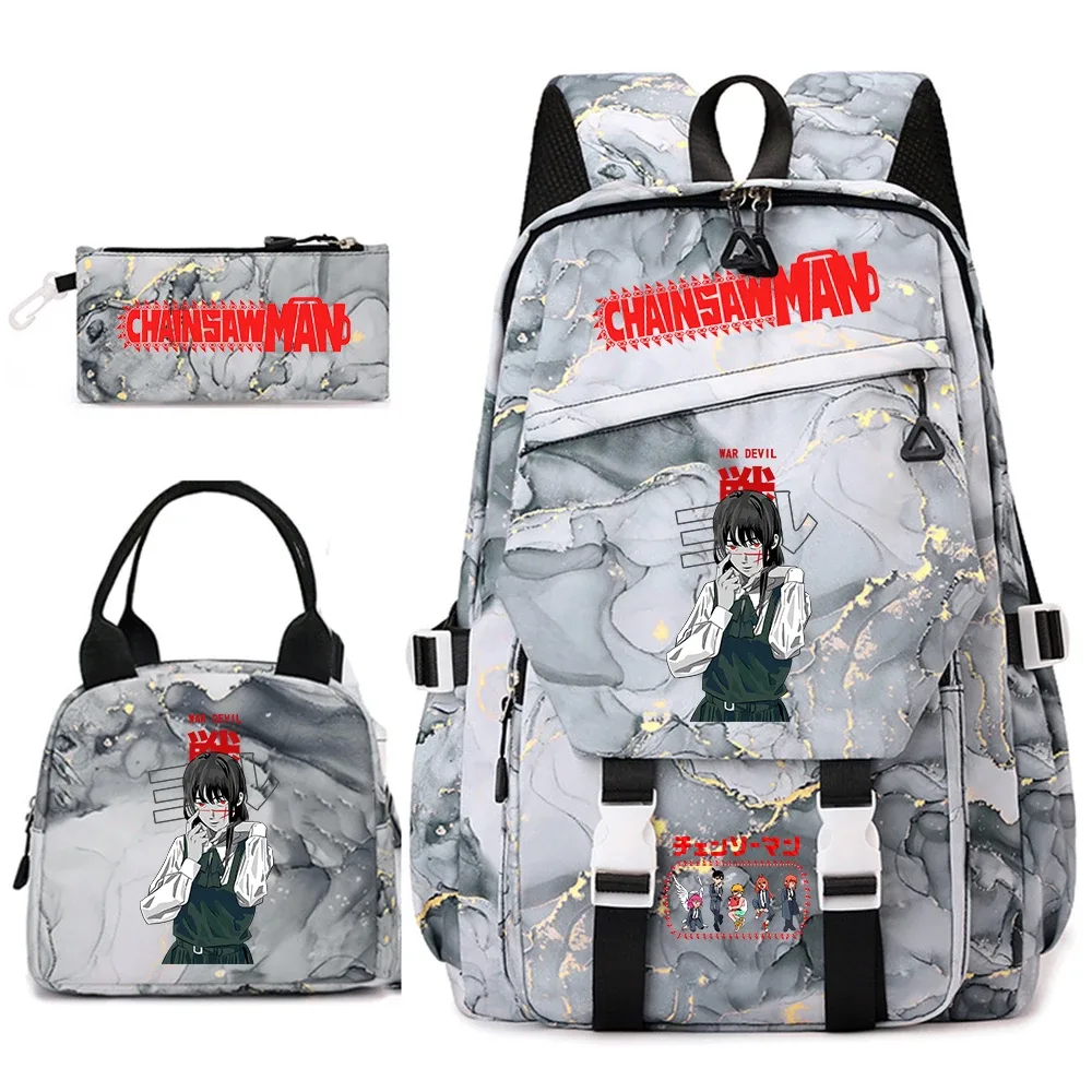 ensemble de sacs à dos pour étudiantes avec imprimé chainsaw man anime, pour filles, avec sac à lunch et trousse à crayons, pour une utilisation quotidienne à l'école