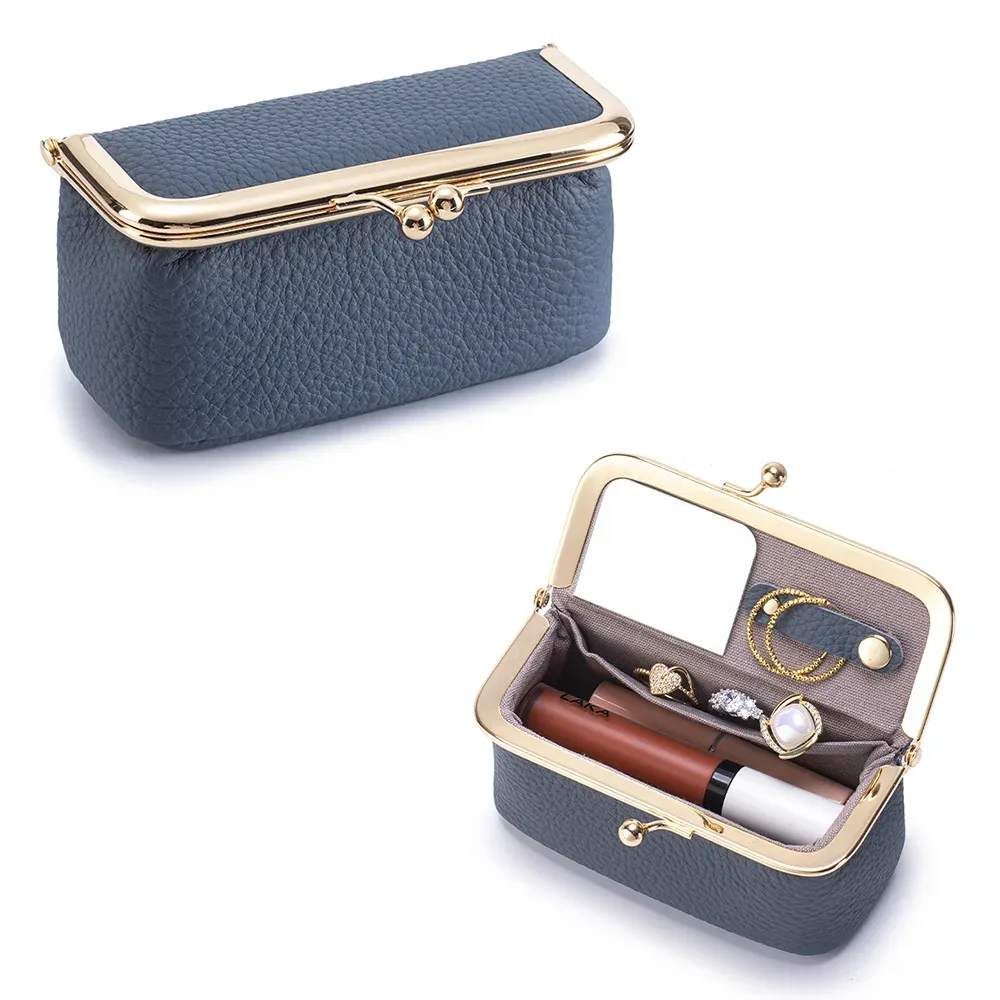 trousse de rangement portable en cuir pour femmes avec fermeture kiss-lock, miroir intégré, organiseur pour rouge à lèvres, bijoux, écouteurs, idéale pour les voyages