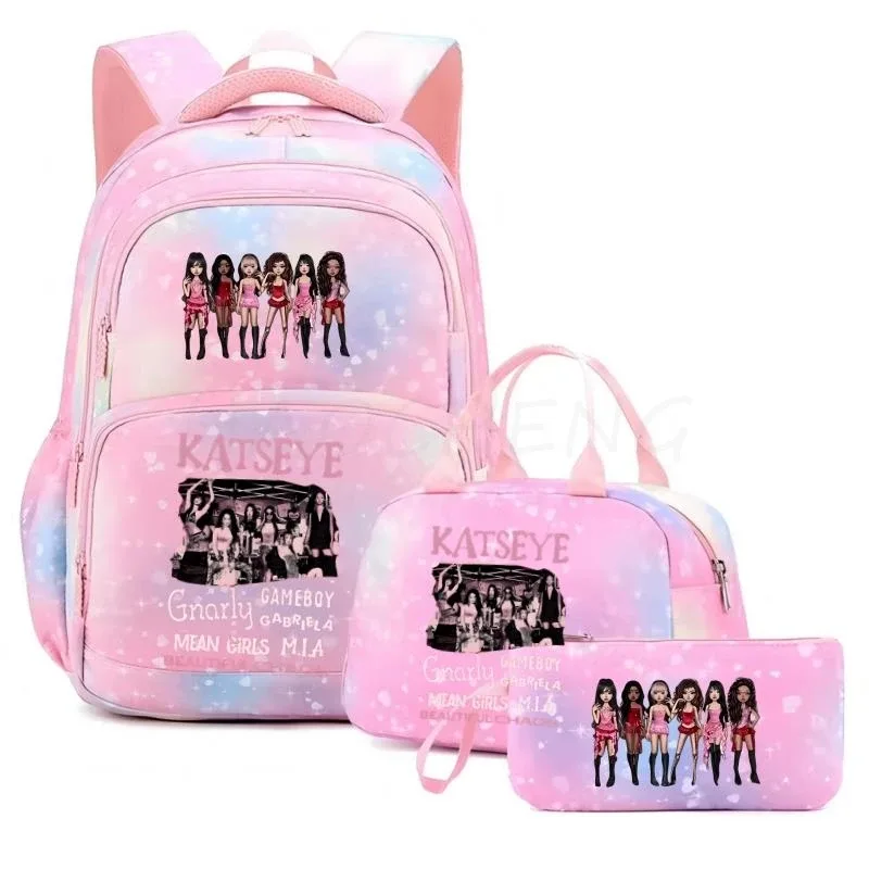 sac à dos katseye pour femmes, 3 pièces/ensemble, sac d'école pour étudiants, grande capacité, sac de voyage en plein air, sac d'école pour étudiants avec dessin animé