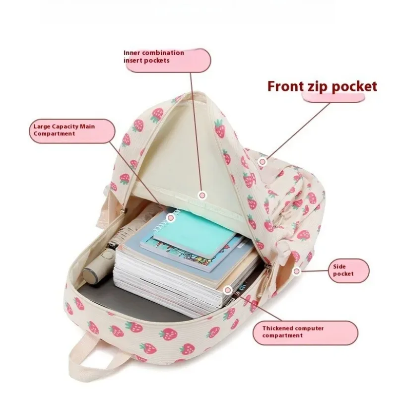 sac à dos d'université en velours côtelé, 3 pièces, avec sac à déjeuner, trousse à crayons, mignon fille, école, imprimé fraise, ensemble de sac à dos pour adolescentes et femmes