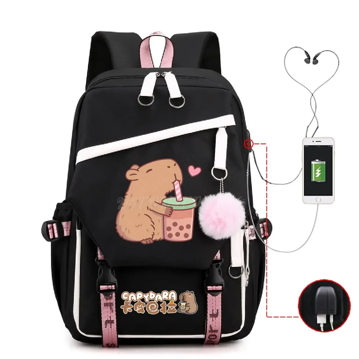 mignon capybara amoureux bulle thé sac à dos femmes filles usb sac de charge grande capacité ordinateur portable capybara sac à dos femmes sacs de voyage
