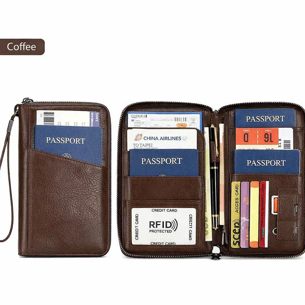 porte-passeports familial pour 5 personnes, en cuir, avec blocage rfid, porte-passeports multiple avec fermeture éclair, organiseur de documents de voyage