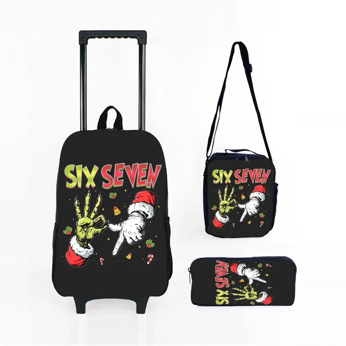 ensemble de sacs à roulettes noirs numéro 67 colorés, avec boîte à déjeuner, sac à stylos avec roulettes, sac à dos de chariot d'école pour filles/garçons