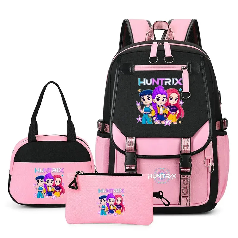 sac à dos kpop demon hunter pour adolescents, cartable de grande capacité, 3 pièces/ensemble avec sac à lunch pour femmes, étudiants, décontracté, confortable, pour voyage, mochilas