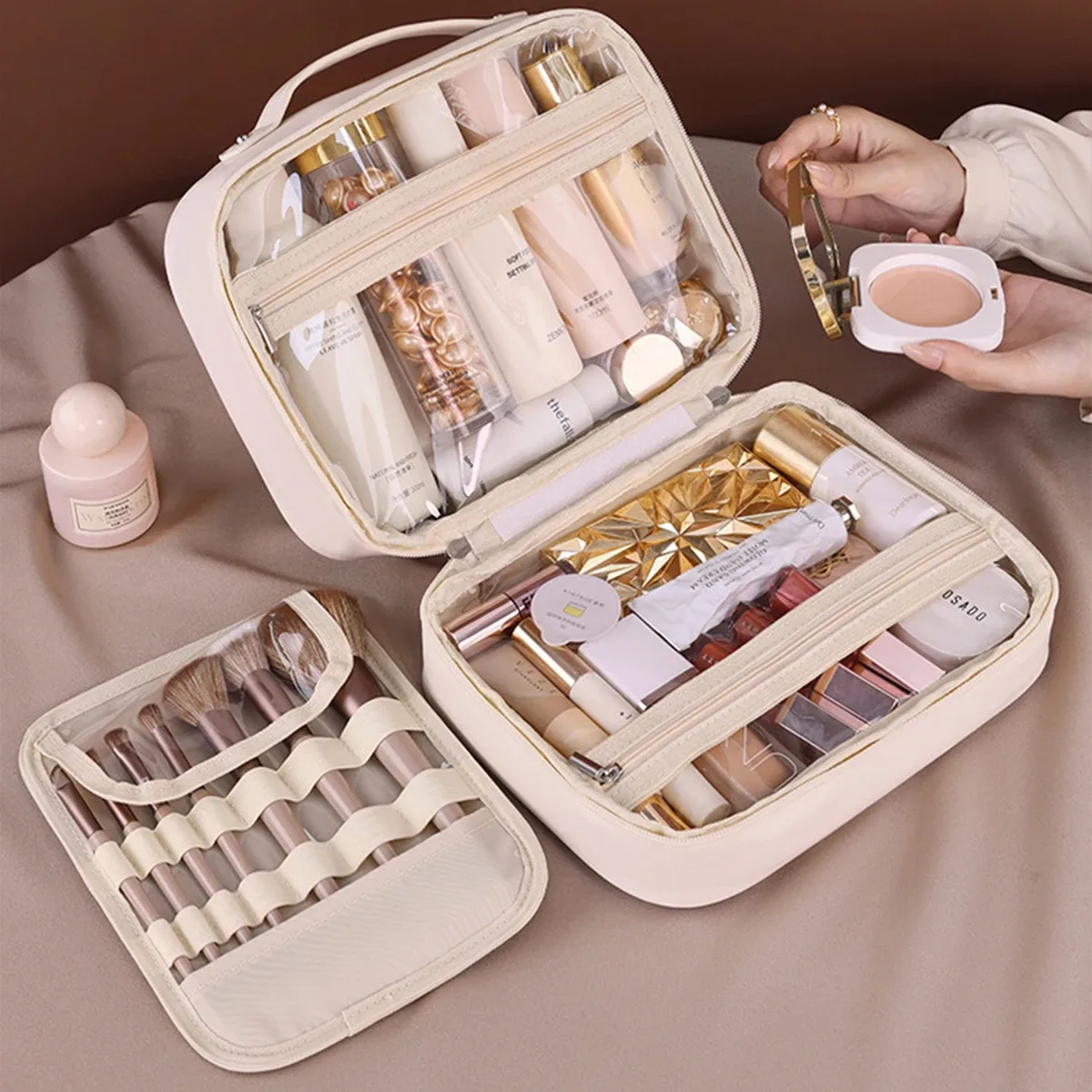 sac de maquillage trois en un pour femmes, sac de rangement portable en cuir pu, sac de voyage pour pinceaux cosmétiques et articles de toilette