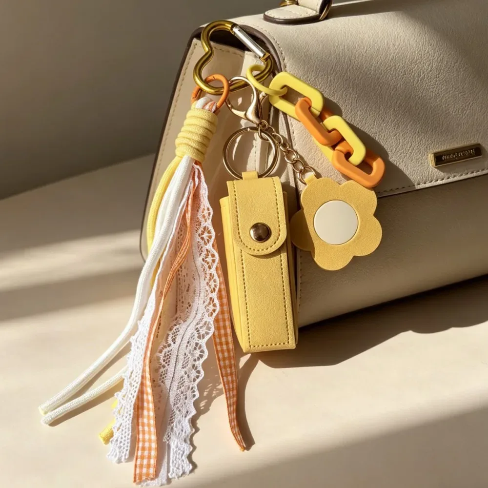 porte-clés étui à rouge à lèvres en dentelle avec pompon, breloque de sac en pu jaune avec miroir fleur, accessoire esthétique pour sac à dos femme