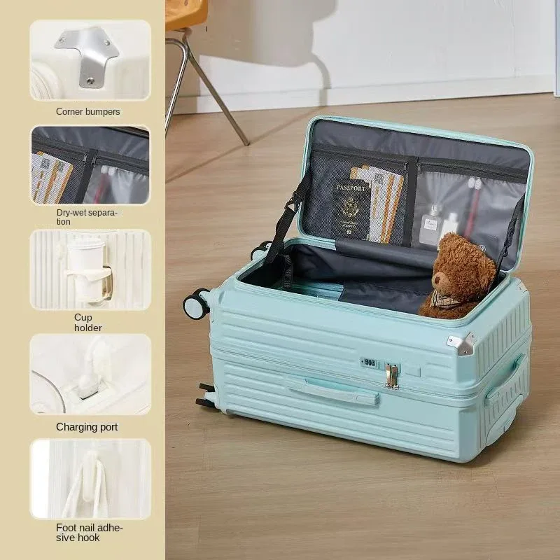 valise à ouverture latérale avec porte-gobelet usb, valise épaisse et durable, grande capacité, valises de voyage 36 pouces, 20/26/30/32 pouces