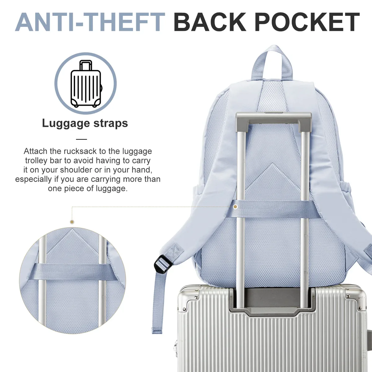 sac à dos décontracté en nylon, sac à dos pour femme, design multi-poches en bleu clair durable pour l'école, le lycée et l'université