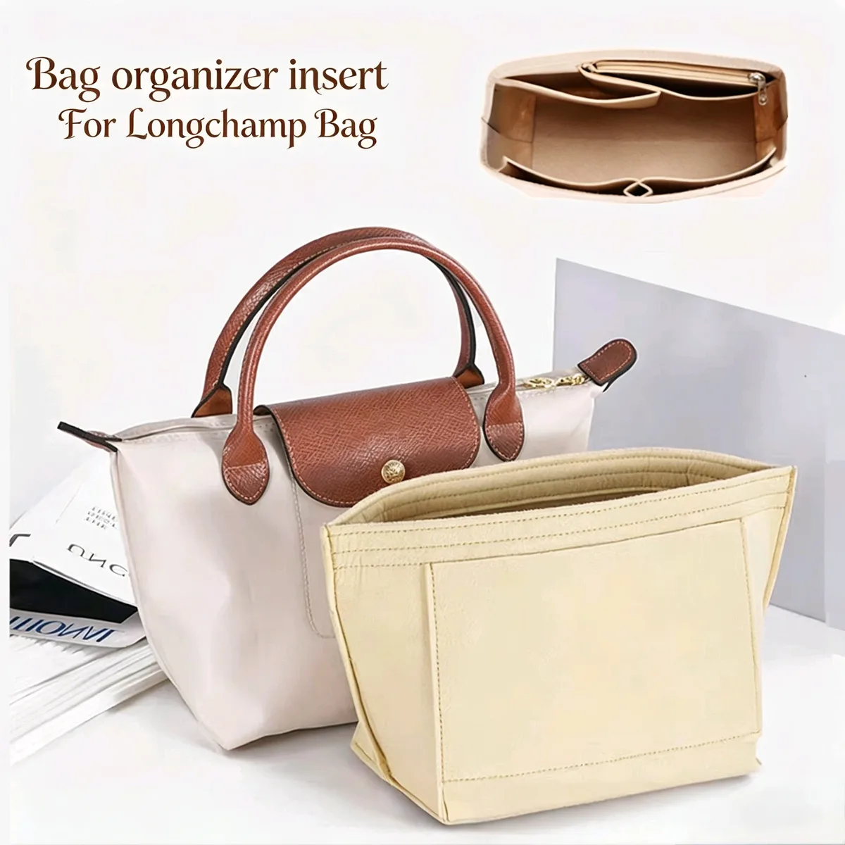 Sac d'insertion en feutre pour sac à main Longchamp, organisateur de sac en tissu feutré, support de maquillage, sac de voyage portable