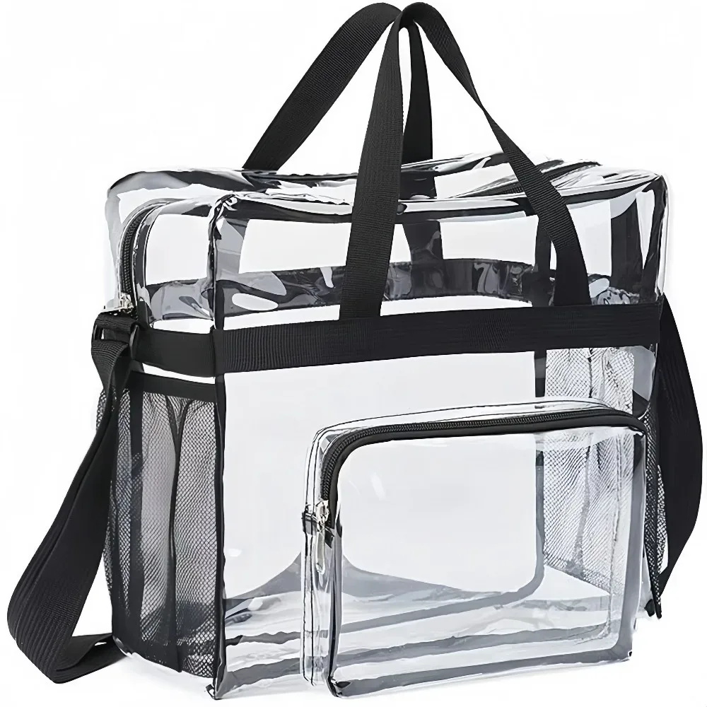 sac fourre-tout transparent robuste en plastique, bandoulière avec poches zippées, passe facilement la sécurité des stades pour femmes, travail, concerts