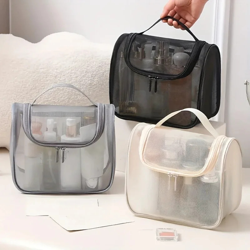 sac de toilette grande capacité pour femmes, multifonctionnel, portable, en nylon courbé, organiseur de maquillage en maille