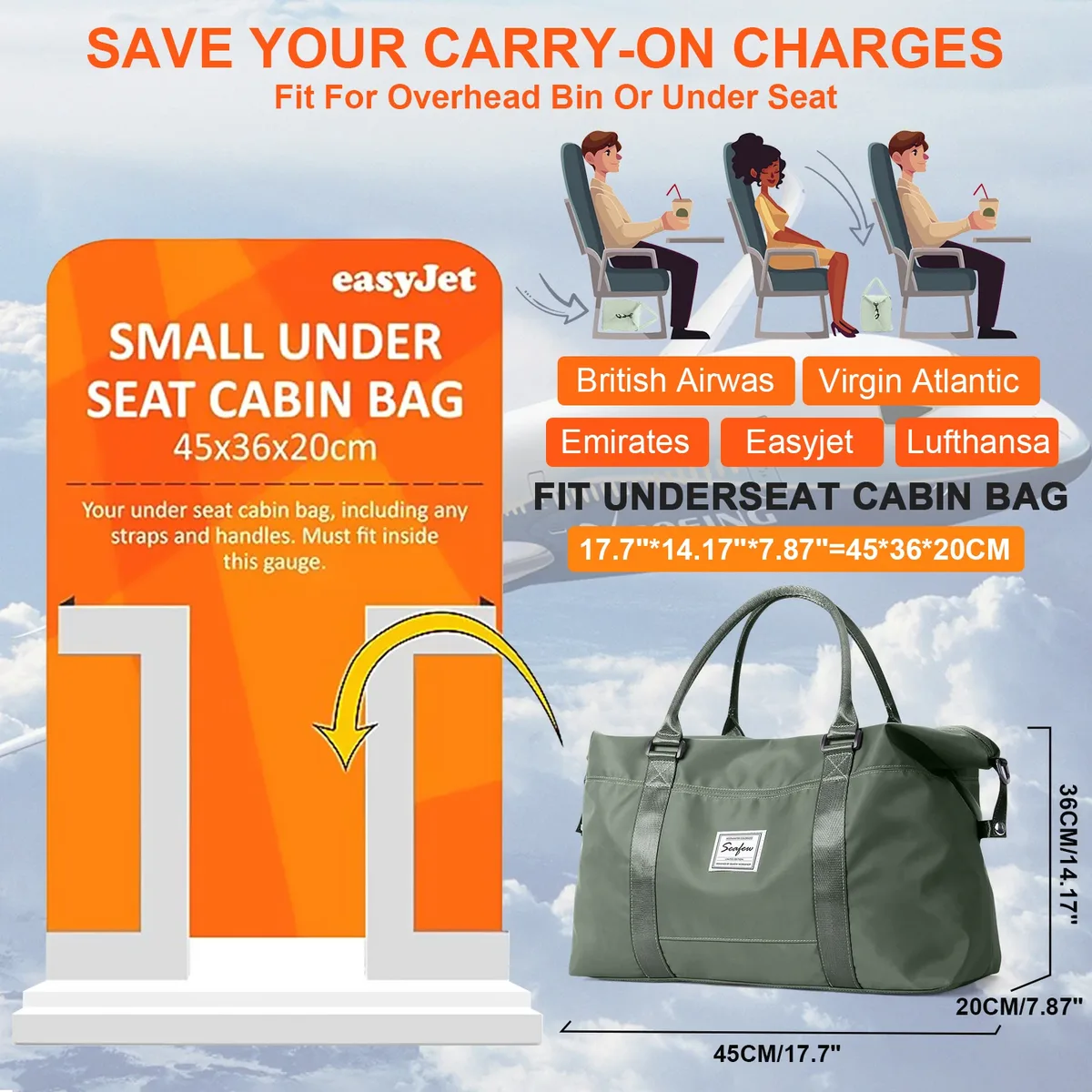 easyjet sac de cabine 45x36x20 sac de voyage hommes femmes grande capacité bagage à main courte distance voyage week-end sac de nuit polochon