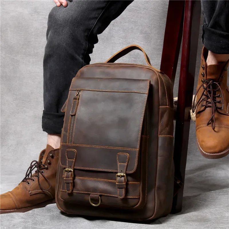 pndcloser-sacs à dos en cuir de vachette pour hommes, sac à dos de voyage pour ordinateur portable, sacs à livres en cuir véritable, rétro, simple, elin, cheval, antivol, haute qualité