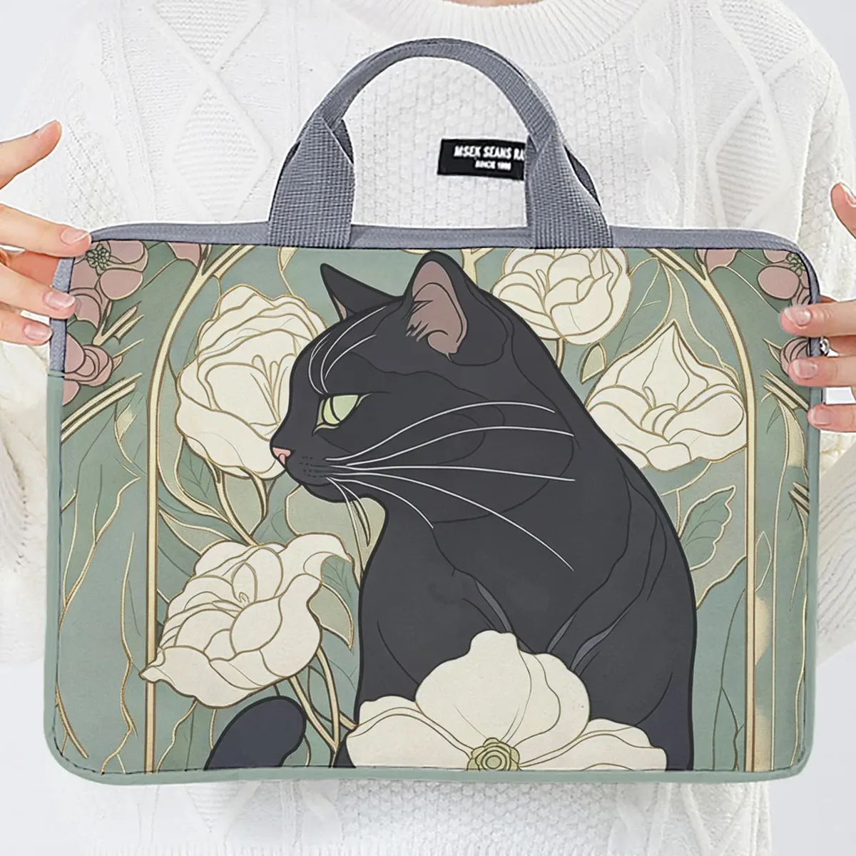 1 pièce, deux styles, sac pour ordinateur portable imprimé motif camélia et chat noir, housse souple en tissu pour ordinateur portable, convient aux ordinateurs portables de 14 pouces