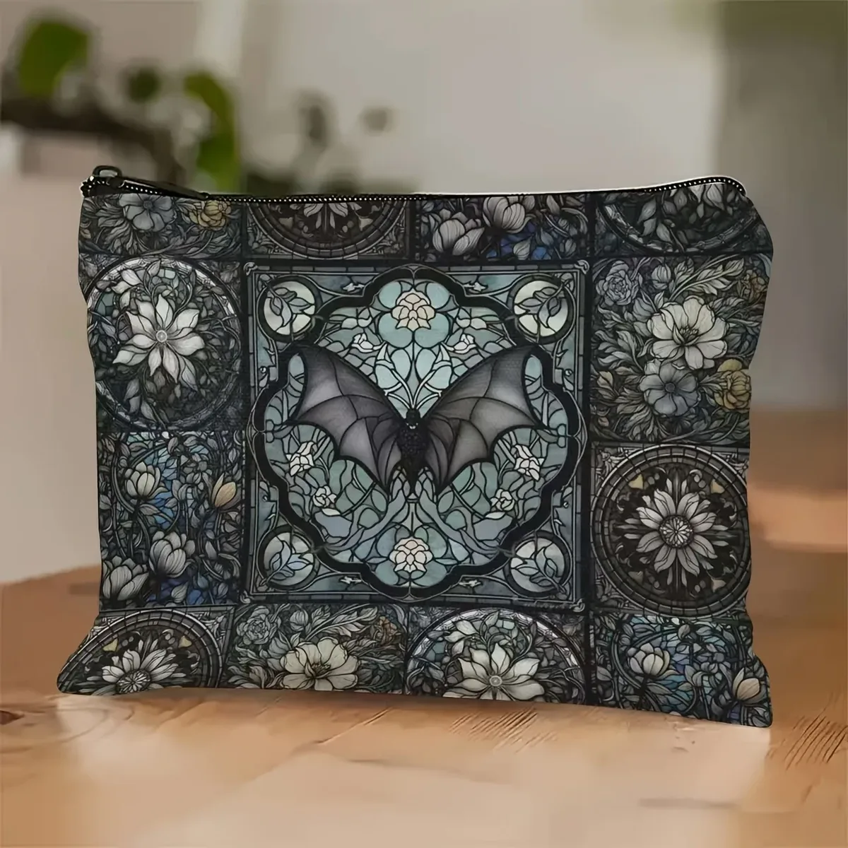 sac à cosmétiques chauve-souris en vitrail gothique, design brillant du milieu du siècle, articles de toilette et pochette à crayons de voyage, sac de rangement unisexe pour adultes