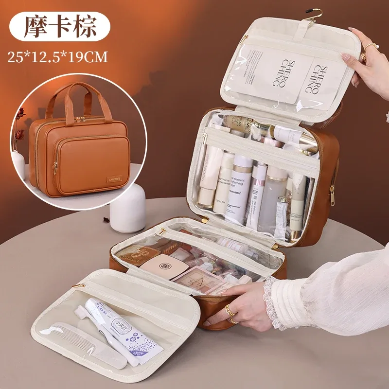 sac à cosmétiques de grande capacité, organisateur de produits de toilette de maquillage, pochette de toilette de voyage portable en cuir pu, sac de rangement de cosmétiques pour femmes