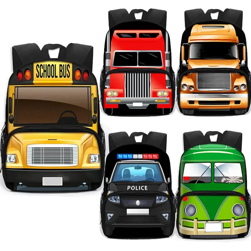 Sac à dos imprimé dessin animé de Police, voiture, Bus, pelle, camion, sac de jour pour enfants, sac de livre pour écoliers de maternelle