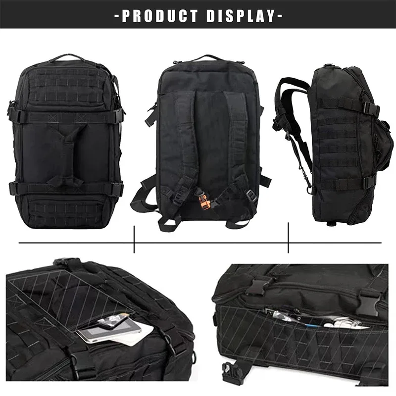 sac de voyage tactique imperméable noir camouflage grande capacité avec sangles molle pour la randonnée et le camping