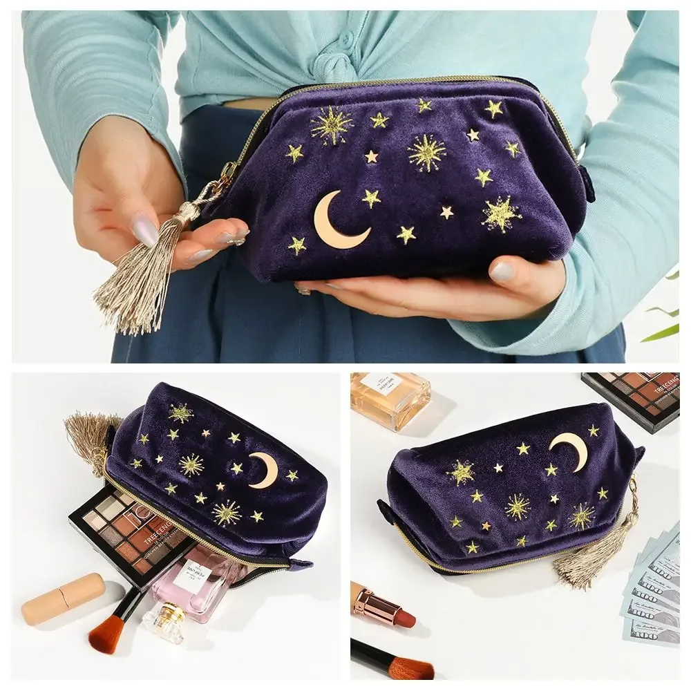 trousse à cosmétiques en velours brodée, motif étoile et lune, trousse de maquillage portable, sac à bijoux exquis, organisateur de voyage, poudres pinceaux