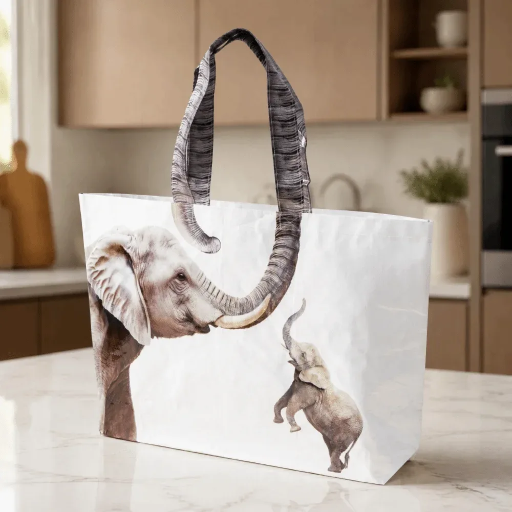 sac fourre-tout tissé à imprimé éléphant gris et blanc, imperméable, grande capacité, sac de voyage léger pour animaux, sac de rangement, cadeau