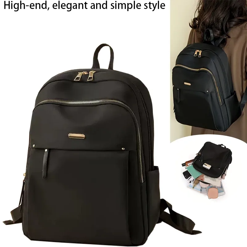 sac à dos en nylon imperméable pour femmes, sac à dos d'école léger, sac à dos de voyage multi-poches, sac à dos élégant pour les loisirs avec fermeture éclair dorée