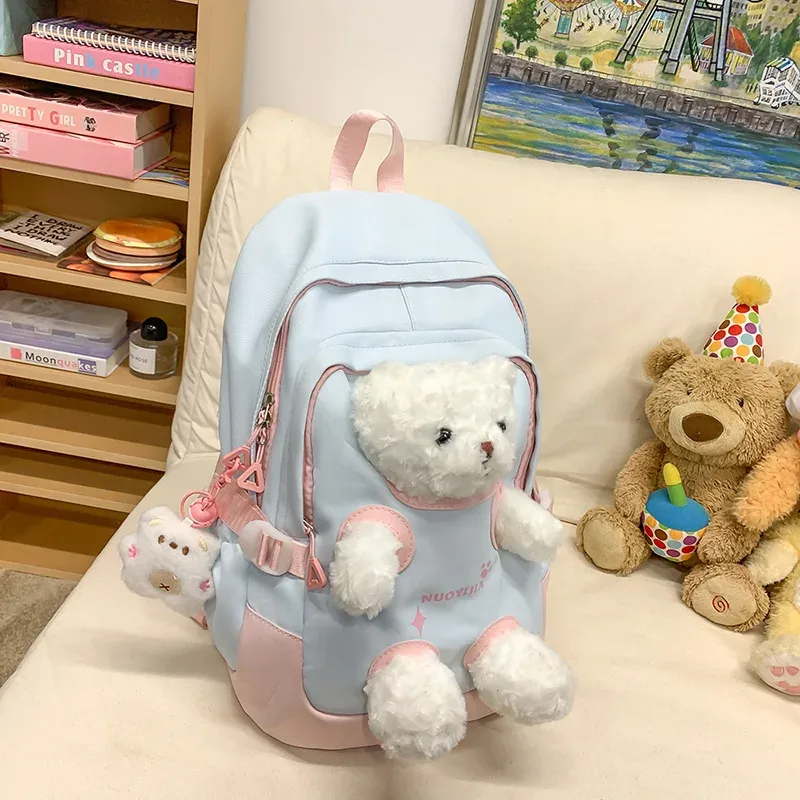 sac à dos scolaire grande capacité pour adolescentes, motif ours en peluche mignon et kawaii, idéal pour les collégiennes