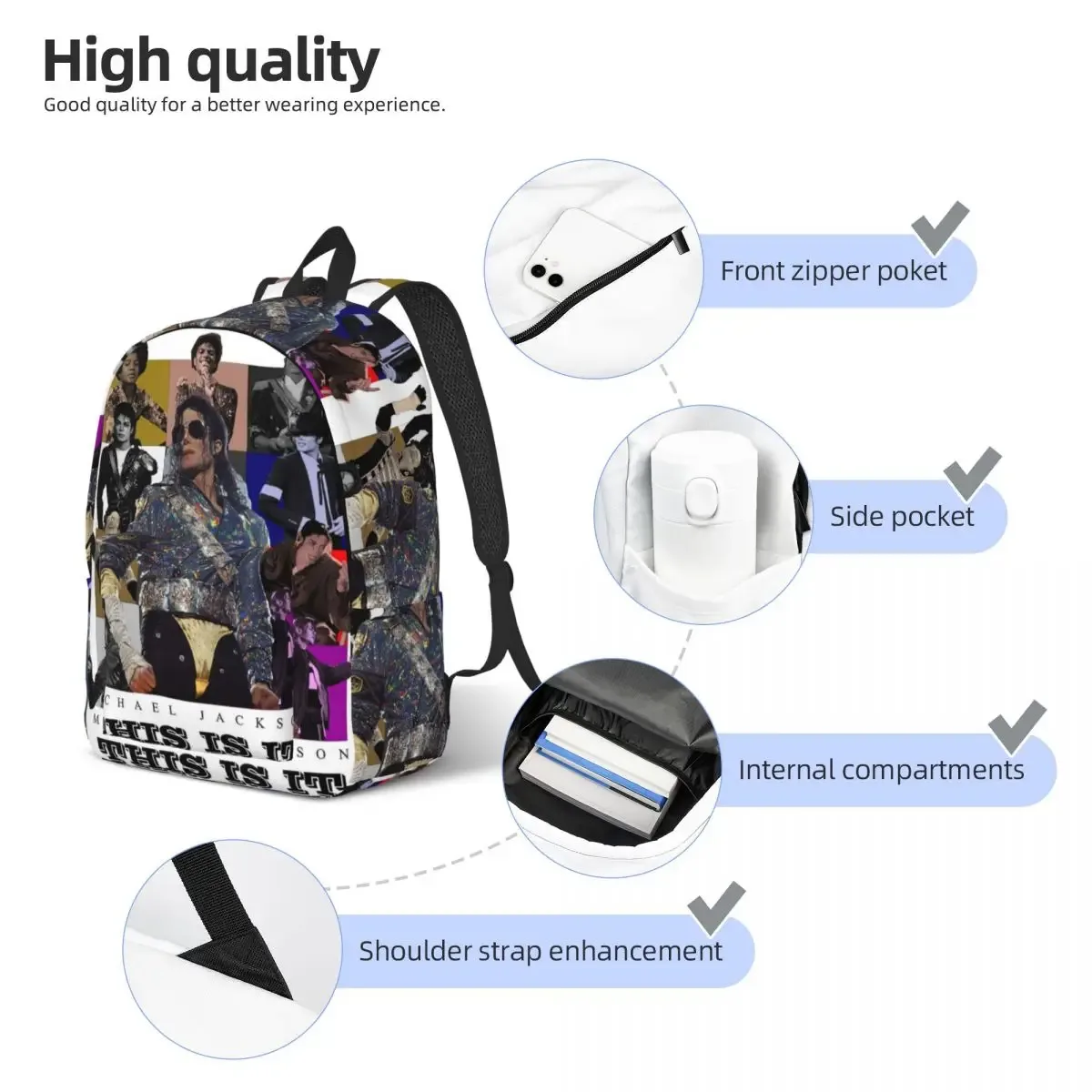 michael jackson dancing sac à dos pour étudiants, sac d'école, sac à dos de randonnée, sac de voyage pour hommes et femmes, sac à bandoulière