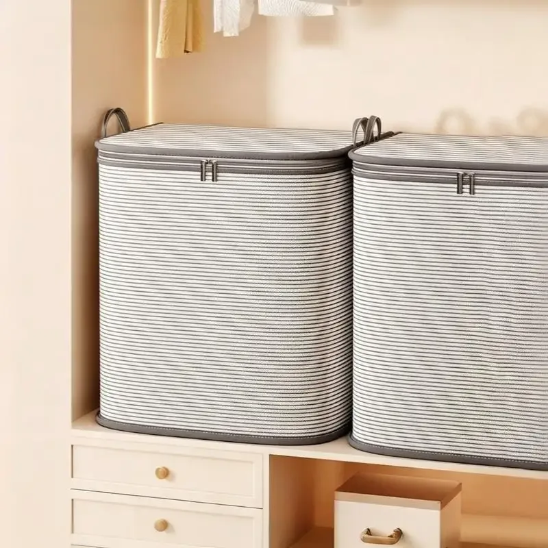 sac de rangement à fermeture éclair rayé gris, grande capacité, anti-poussière, pour usage domestique et rangement classifié