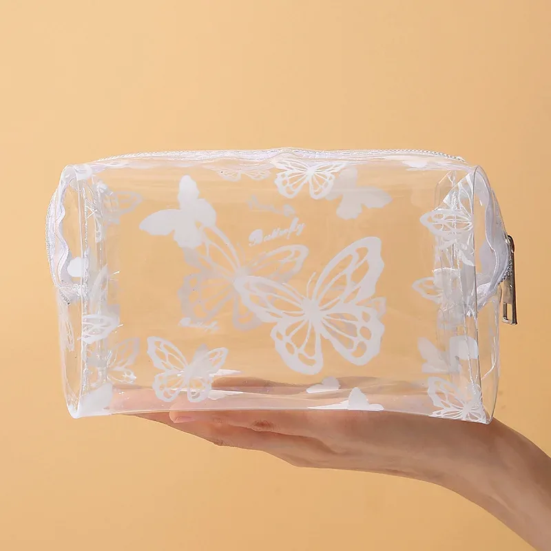 sac de maquillage transparent en pvc imprimé papillon pour femmes, sac de rangement octogonal pour cosmétiques, sac de lavage étanche de grande capacité pour voyage