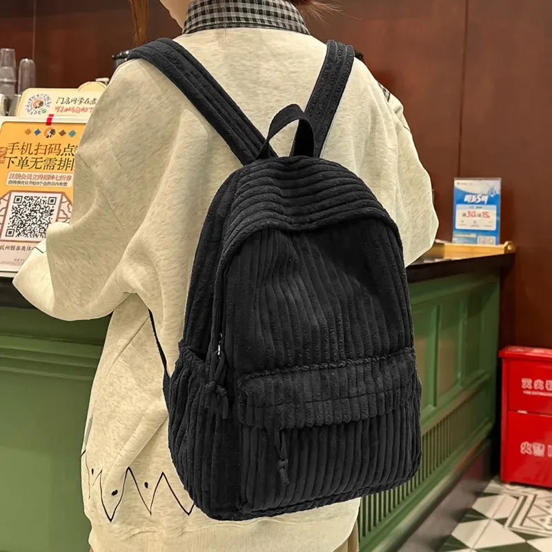 sac à dos rayé en velours côtelé pour femmes, cartable d'étudiant simple, grande capacité, rangement sur ordinateur, sac à dos de voyage pour femmes