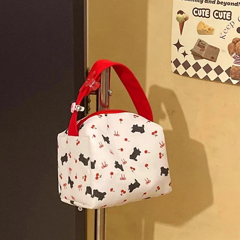 sac à cosmétiques portatif imprimé chat noir cerise, mignon, haute capacité, sac de rangement d'articles divers portables de voyage, sac de maquillage à la mode, cadeau