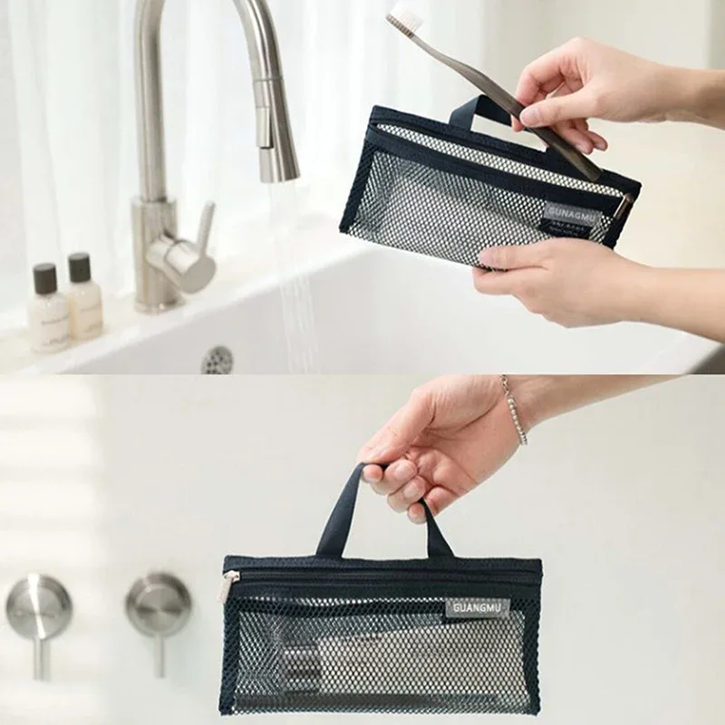 sac de rangement de plage en maille de nylon, sac de rangement de voyage portable pour brosse à dents et dentifrice, étui conteneur hoaccessrespiration